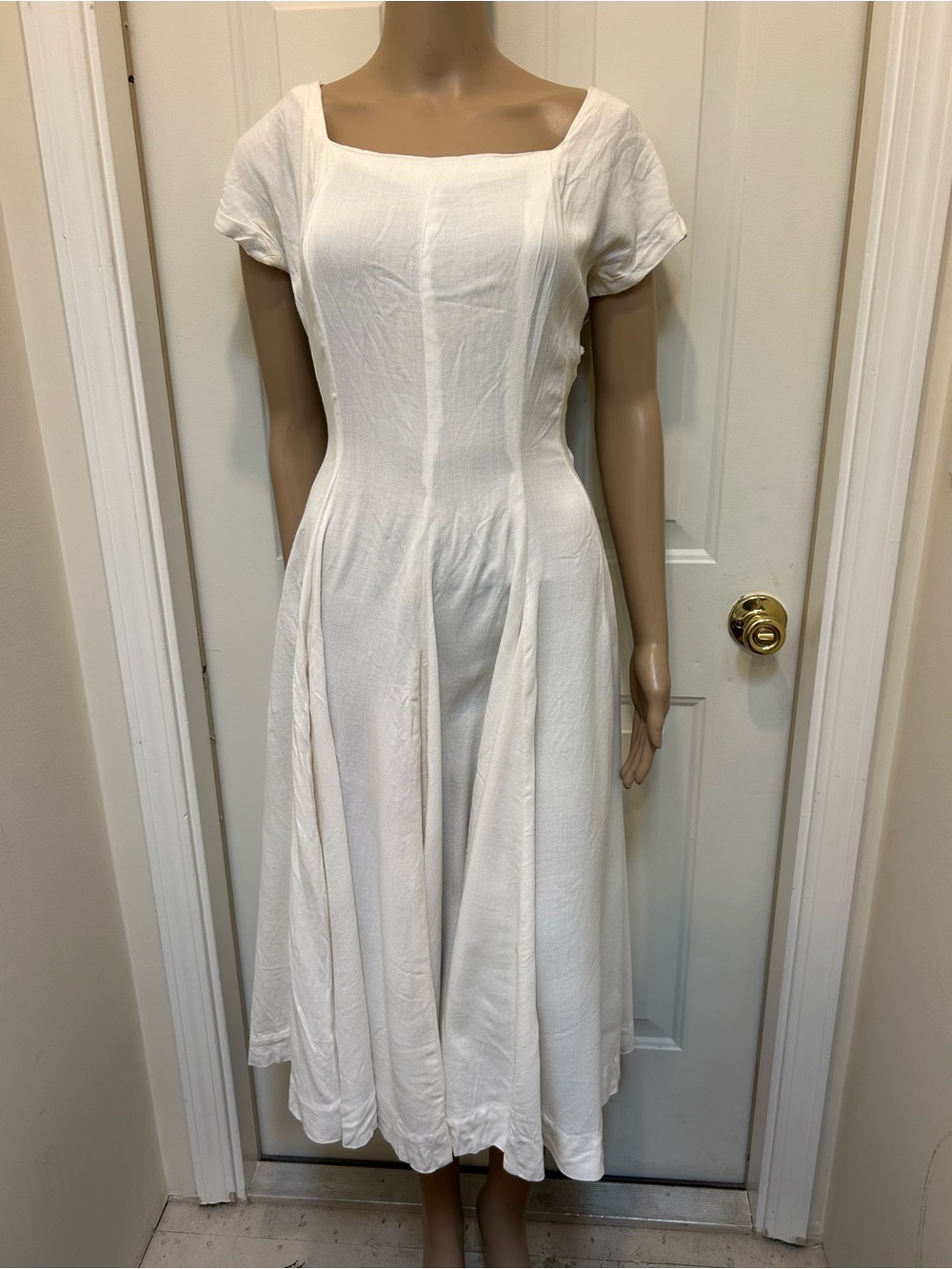 Vintage 50s 60s White Square-Neck Midi Dress Fit and Flare